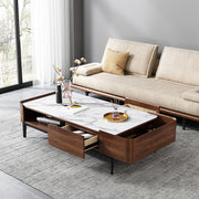 50.7''Modern Rectangular Coffee Table with Drawers | White Marble Top + Walnut Finish + Hidden Storage